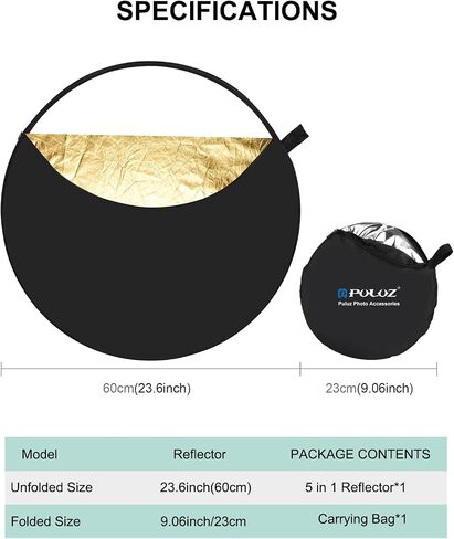 PULUZ 24 Inch/60cm Photography Reflector,Portable Foldable 5-in-1 Light Reflectors for Photography with Storage Bag for Studio Photography Lighting Outdoor in Saudi Arabia