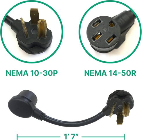 AGB 31-003: كابل محول نحاسي 100% NEMA 10-30P إلى 14-50R (1 قدم 7 بوصة، 30 أمبير، 125/250 فولت تيار متردد) لاستخدامات المجفف أو المركبات الكهربائية أو المركبات الترفيهية، غلاف متين وسلك 8 AWG، أجزاء معتمدة للسلامة in Kuwait