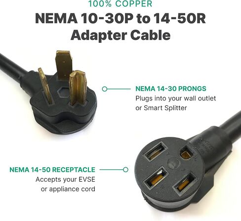 AGB 31-003: كابل محول نحاسي 100% NEMA 10-30P إلى 14-50R (1 قدم 7 بوصة، 30 أمبير، 125/250 فولت تيار متردد) لاستخدامات المجفف أو المركبات الكهربائية أو المركبات الترفيهية، غلاف متين وسلك 8 AWG، أجزاء معتمدة للسلامة in Kuwait