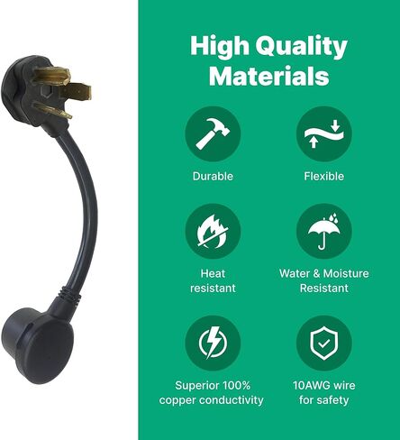 AGB 31-003: كابل محول نحاسي 100% NEMA 10-30P إلى 14-50R (1 قدم 7 بوصة، 30 أمبير، 125/250 فولت تيار متردد) لاستخدامات المجفف أو المركبات الكهربائية أو المركبات الترفيهية، غلاف متين وسلك 8 AWG، أجزاء معتمدة للسلامة in Kuwait