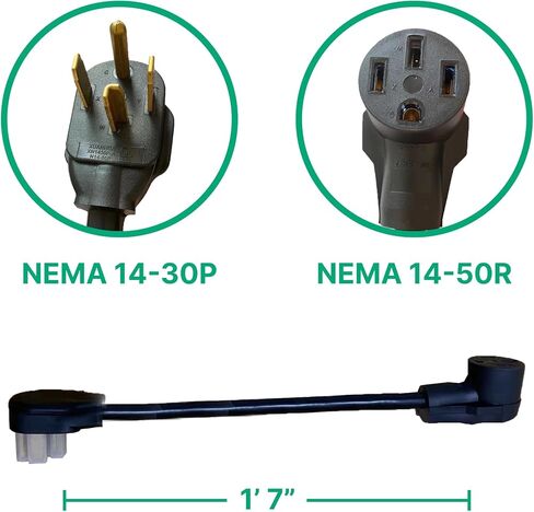 AGB 31-003: 100% Copper NEMA 10-30P to 14-50R Adapter Cable (1ft 7in, 30A, 125/250 VAC) for Dryer, EV, or RV uses, Durable casing and 8 AWG Wire, Safety Certified Parts in Saudi Arabia