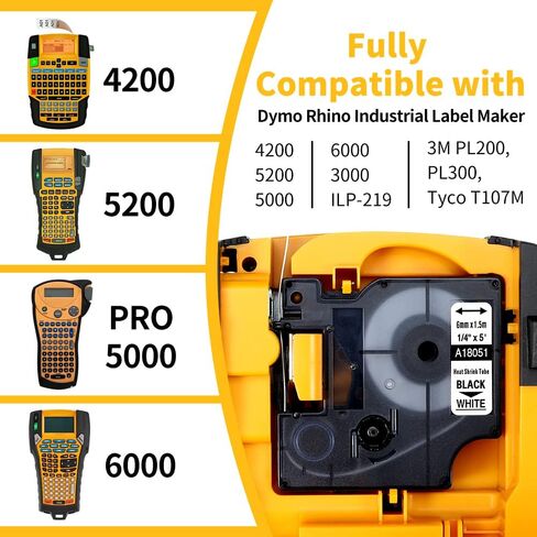 Fimax 5-Pack Rhino 4200 5200 شريط صانع الملصقات المنكمش بالحرارة 1/4 بوصة 6 مم متوافق مع Dymo 18051 أنبوب ملصقات الانكماش الحراري لـ DYMO Rhino 4200 5200 5000 6000 صانع الملصقات الصناعية، أسود على أبيض، 1/4 بوصة × 5' in Kuwait