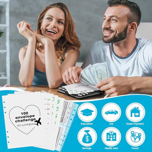 25 ورقة إجمالي 100 ظرف، حشوات تحدي توفير المال لـ A5 6 حلقات موثقة 4 جيب صفحة حامية حافظة بطاقة الميزانية للتخطيط لتوفير 5050 مع بطاقة سجل غطاء الملصقات in Saudi Arabia