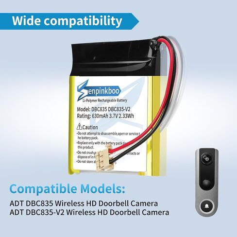ل ADT DBC835 DBC835-V2 بطارية ترقية [630mAh] ل ADT DBC835 DBC835-V2 HD كاميرا الجرس استبدال البطارية 3.7 فولت in Saudi Arabia