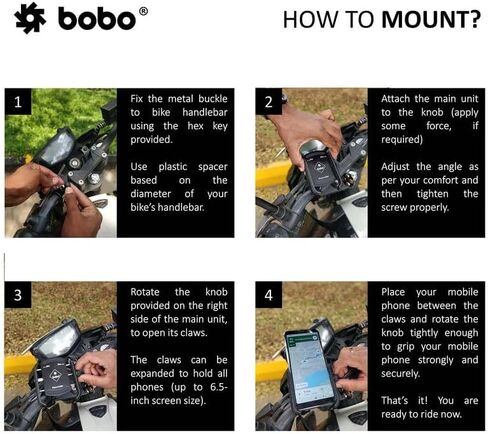 BOBO BM4 Jaw-Grip Waterproof Bike/Motorcycle/Scooter Mobile Phone Holder Mount, Ideal for Maps and GPS Navigation (Black) in Saudi Arabia