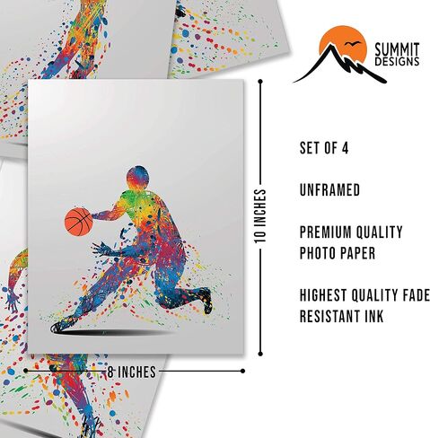 ديكور فني جداري لكرة السلة بألوان قوس قزح من Summit Designs - مجموعة من 4 مطبوعات ملصقات غير مؤطرة (8 × 10). in Saudi Arabia