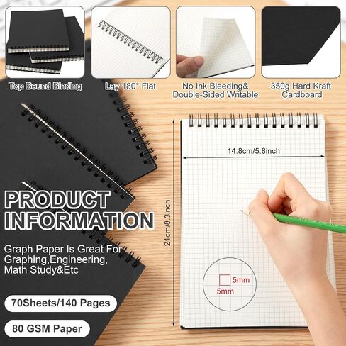 Graph Paper Spiral Notepad A5 Top Wirebound Notepad Grid Notebook Steno Pads Memo Notebook Grid Paper 140 Pages for Writing Sketching Drawing Office Supplies(Black,2 Pack) in Saudi Arabia