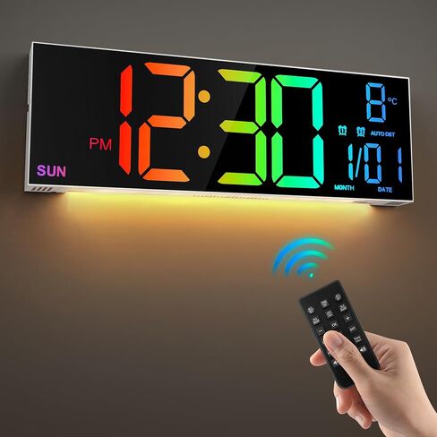 LEIKE 16.2'' Large Digital Wall Clock with Remote Control, Big LED/Dual Alarm/8 RGB Colors/Auto Brightness/Date/Auto DST/Temperature/Night Light Gym Clocks for Living Room Bedroom Office Wall Decor in Saudi Arabia