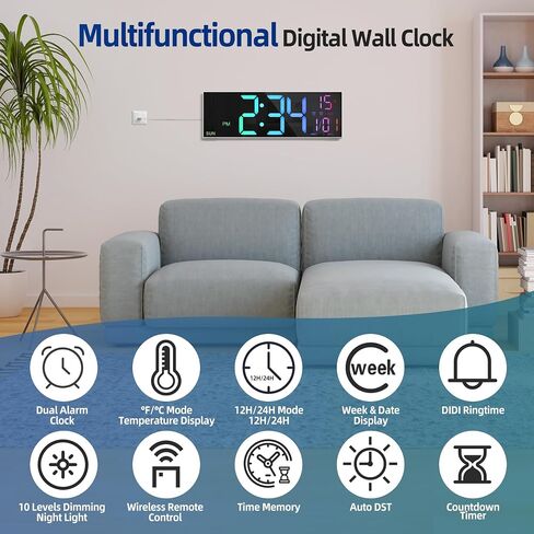 LEIKE 16.2'' Large Digital Wall Clock with Remote Control, Big LED/Dual Alarm/8 RGB Colors/Auto Brightness/Date/Auto DST/Temperature/Night Light Gym Clocks for Living Room Bedroom Office Wall Decor in Saudi Arabia