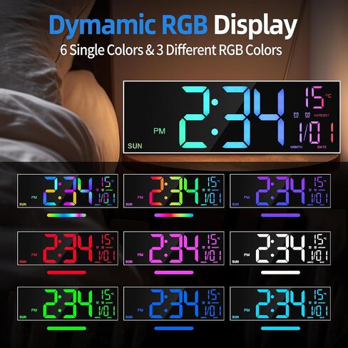 LEIKE 16.2'' Large Digital Wall Clock with Remote Control, Big LED/Dual Alarm/8 RGB Colors/Auto Brightness/Date/Auto DST/Temperature/Night Light Gym Clocks for Living Room Bedroom Office Wall Decor in Saudi Arabia