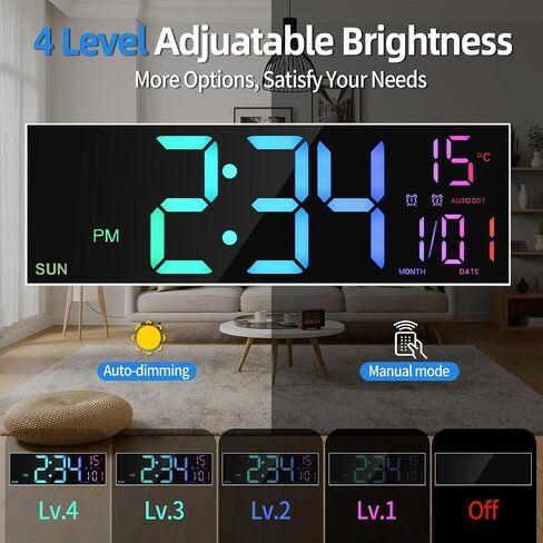 LEIKE 16.2'' Large Digital Wall Clock with Remote Control, Big LED/Dual Alarm/8 RGB Colors/Auto Brightness/Date/Auto DST/Temperature/Night Light Gym Clocks for Living Room Bedroom Office Wall Decor in Saudi Arabia