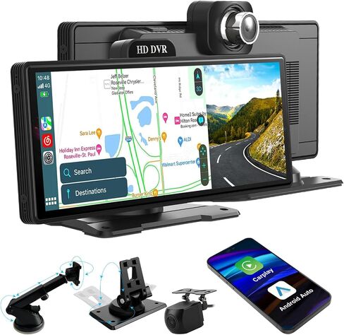 ستيريو سيارة محمول 10.26 بوصة مع Carplay لاسلكي وAndroid Auto، جهاز استقبال راديو السيارة بشاشة تعمل باللمس HD IPS مع كاميرا داش 2K، كاميرا احتياطية، ملاحة، بلوتوث، AUX in Saudi Arabia