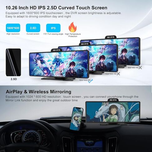 ستيريو سيارة محمول 10.26 بوصة مع Carplay لاسلكي وAndroid Auto، جهاز استقبال راديو السيارة بشاشة تعمل باللمس HD IPS مع كاميرا داش 2K، كاميرا احتياطية، ملاحة، بلوتوث، AUX in Saudi Arabia