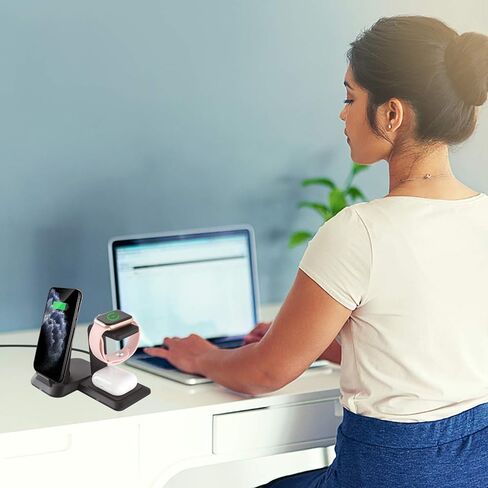 M13 2 in 1 Magnetic Wireless Charging Station,Qi Certified Charging Pad, Ultra Thin with QC3.0 Adapter for Dual Devices iPhone 14 13 Pro Max/Apple Watch Series8/Ultra/SE/7/6/5/4/3 (White) in Kuwait