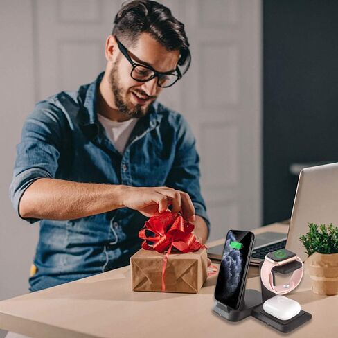 M13 2 in 1 Magnetic Wireless Charging Station,Qi Certified Charging Pad, Ultra Thin with QC3.0 Adapter for Dual Devices iPhone 14 13 Pro Max/Apple Watch Series8/Ultra/SE/7/6/5/4/3 (White) in Kuwait