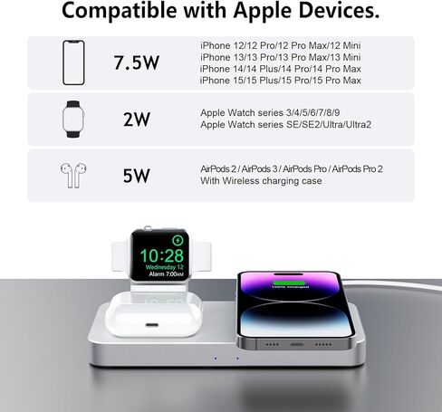 شاحن لاسلكي مغناطيسي، قاعدة شحن لاسلكية 3 في 1 من Boaraino متوافقة مع سلسلة iPhone 15/14/13/12، وساعة Apple 9/8/7/6/SE/5/4/3، وAirPods 2/3/Pro in Kuwait