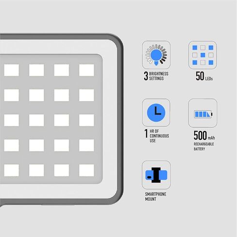 DigiPower GoViral - InstaFame - مصباح فيديو LED مدمج للغاية 50 (3.5 وات) يتميز بـ 350 لومن، 3 مستويات سطوع قابلة للتعديل تتضمن محول الهاتف والكاميرا، 3 موزعات ألوان وكابل Micro USB in Kuwait