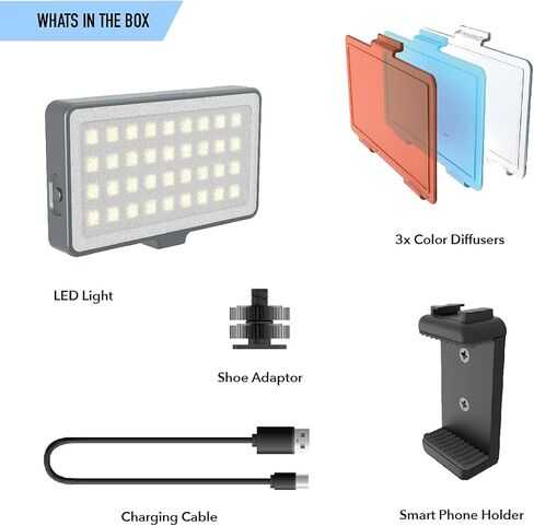 DigiPower GoViral - InstaFame - مصباح فيديو LED مدمج للغاية 50 (3.5 وات) يتميز بـ 350 لومن، 3 مستويات سطوع قابلة للتعديل تتضمن محول الهاتف والكاميرا، 3 موزعات ألوان وكابل Micro USB in Kuwait