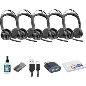 Poly 5X (Plantronics) Voyager Focus 2 UC Stereo Bluetooth USB-C-C Headset +USB-C/A Adapter (Microsoft Teams Certified) (9T9J6AA) Bundle Including: Goby Labs Headphone Cleaner, Fiber Cloth