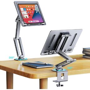 Tablet Stand for Desk, Aluminum Alloy Tablet Holder for iPad, 360 Degree Rotatable Overhead Arm Mount for Bed, Book Stand for Reading, Compatible with 7-15.6 Inches Tablets (Grayish Green)