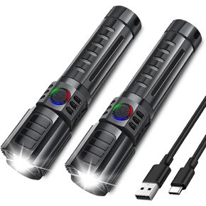 High Lumens LED Rechargeable Flashlight 2 Pack Small Flashlights with 3 Modes, Tactical Flashlight Torch, Waterproof Zoomable Handheld Flashlight for Hiking Camping Emergency Essentials Gear