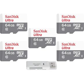 SanDisk 64GB Ultra (5 Pack) MicroSD Class 10 100MB/s A1 Micro SDXC Memory Card for Smart Phones & Tablets SDSQUNR-064G Bundle with (1) GoRAM Reader (64GB, 5 Pack)
