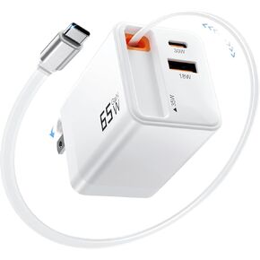 Retractable Charger, 65W Retractable USB C Charger with Type-C Cable and QC18W PD30W Port, PD PPS Fast Charging Block with Foldable Plug for iPhone 16 15 14 13 12 11, Galaxy, LG, Pixel, Pad, Tablet