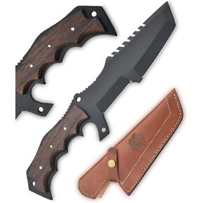 GLADIUS CRAFTS| 13 inch handcrafted military tracker knife with Leather sheath - 8 inch Black Powder Coated Stainless Steel Blade with 5-inch wooden handle for Camping, Outdoor, Bush craft