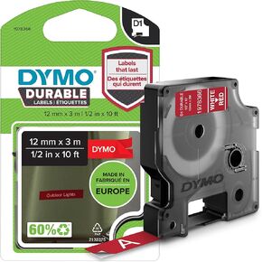 DYMO D1 Durable Labeling Tape for LabelManager Label Makers, White Print on Red Tape, 1/2" W x 10' L, 1 Cartridge (1978366)