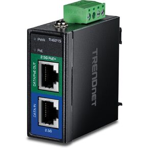 TRENDnet Industrial 2.5G PoE+ Injector, TI-IG215, 1 x 2.5 Gigabit PoE+ Port (Data + PoE Out), 1 x 2.5 Gigabit Port (Data in), Supports PoE (15.4W), PoE+ (30W), NDAA & TAA Compliant