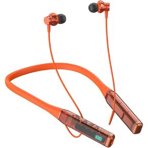 Neckband Bluetooth Headphones Led Digital Display Wireless Bluetooth Neckband Headset Sport Sweatproof Stereo Earphones (Orange-Transparent)