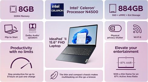 Lenovo IdeaPad Laptop for Business Student 2025, 15.6" Display, 8GB RAM + 884GB Storage (256GB SSD +128GB eMMC +500GB Ext), Dual Intel Core Processor, WiFi 6, HubxcelAccessory, Office 365 1 Yr, Win 11 in Kuwait