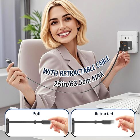 شاحن قابل للسحب ، شاحن USB C القابل للسحب 65W مع كبل Type-C ومنفذ QC18W PD30W ، كتلة شحن Fast PPS PPS مع قابس قابل للطي 16 15 14 13 12 11 ، Galaxy ، LG ، Pixel ، Pad ، Pad ، Tablet in Kuwait