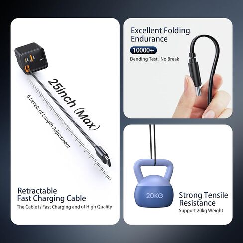 شاحن قابل للسحب ، شاحن USB C القابل للسحب 65W مع كبل Type-C ومنفذ QC18W PD30W ، كتلة شحن Fast PPS PPS مع قابس قابل للطي 16 15 14 13 12 11 ، Galaxy ، LG ، Pixel ، Pad ، Pad ، Tablet in Kuwait