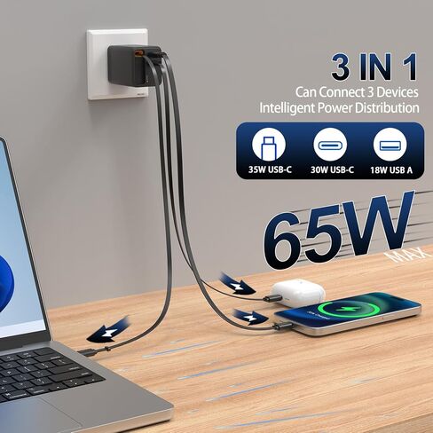 شاحن قابل للسحب ، شاحن USB C القابل للسحب 65W مع كبل Type-C ومنفذ QC18W PD30W ، كتلة شحن Fast PPS PPS مع قابس قابل للطي 16 15 14 13 12 11 ، Galaxy ، LG ، Pixel ، Pad ، Pad ، Tablet in Kuwait