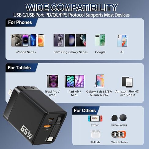 شاحن قابل للسحب ، شاحن USB C القابل للسحب 65W مع كبل Type-C ومنفذ QC18W PD30W ، كتلة شحن Fast PPS PPS مع قابس قابل للطي 16 15 14 13 12 11 ، Galaxy ، LG ، Pixel ، Pad ، Pad ، Tablet in Kuwait