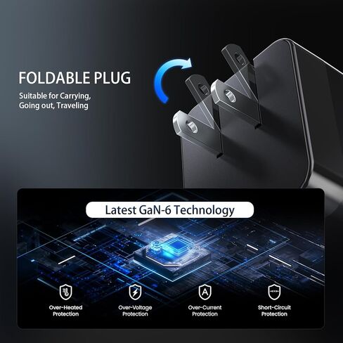 شاحن قابل للسحب ، شاحن USB C القابل للسحب 65W مع كبل Type-C ومنفذ QC18W PD30W ، كتلة شحن Fast PPS PPS مع قابس قابل للطي 16 15 14 13 12 11 ، Galaxy ، LG ، Pixel ، Pad ، Pad ، Tablet in Kuwait