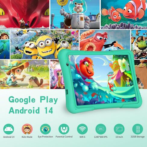 10 Inch Kids Android 14 Tablet, Parental Control, Educational, 10.1' IPS HD Display, Dual Camera, 6000mAh Battery, Toddler Tablet with Silicone Case, Gift for Boys (Green) in Saudi Arabia