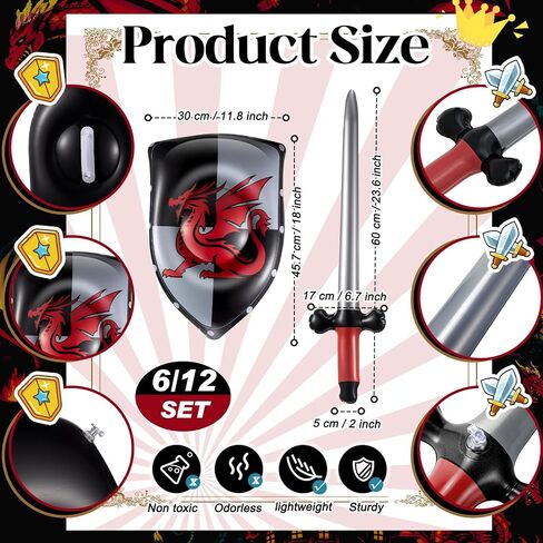 Poen 24 Pcs Inflatable Sword and Shield Knight Party Favors Set Blow up Medieval Sword Shield for Pirate Party Favors Decorations Cosplay Toys Accessories in Saudi Arabia