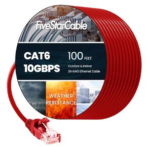 100FT Cat6 Ethernet Cable, High-Speed Patch Cable, Flat LAN Cable with RJ45 Connectors, 10Gigabit Internet Network Cord for Router, Modem, Gaming, PC, Xbox, PS5, Computer, Red