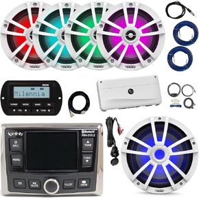 Infinity PRV-315.2 Marine Gauge Hole Mount Bluetooth AM/FM/WB Receiver, Remote, Extension, Amp w/Kit, Wire, USB Adapter, Antenna, 10" LED Subwoofer, 4x 6.5" 225W LED Speakers (White, Bulk Packaging)