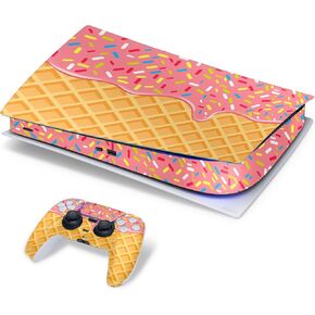 ZOOMHITSKINS Compatible for PS5 Skin for Console and 1 Controller Laydown Design, Waffle Donut Sweet Candy Cute Food, Bubble-Free, Compatible with PS5 W/Disk, Precisely Cut