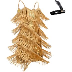 ODOLDI 20s Flapper Dresses for Girls Gatsby Tassel Fringe Dress with Feather Headband Kids 1920s Flapper Costume