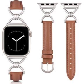 Wearlizer Leather Band Compatible with Apple Watch Bands Women 41/40/38/42/44/45/46/49mm, Dressy Fancy Slim Thin Strap with Designer D-Shape Buckle for iWatch Series 10 9 Ultra SE 8 7 6 5 4 3 2 1