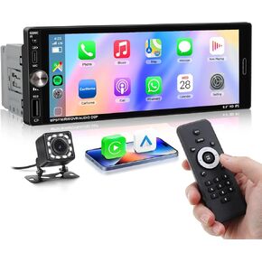 Single Din Car Stereo Compatible with Carplay Android Auto, METEESER 6.9 Inch Bluetooth5.2 Car Stereo with Backup Camera,1280 * 480 IPS Touch Screen Car Radio Support FM/Mirror Link/SWC/USB/DVR/EQ