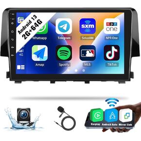 SIXWIN 2G+64G Android Car Stereo for Honda Civic 2016-2020 with Canbus and Harness Wireless CarPlay Android Auto Mirror Link 9 Inch Touchscreen Bluetooth GPS Navigation WiFi FM Backup Camera MIC