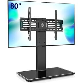 Fitueyes Universal TV Stand/Base Tabletop TV Stand مع Mount لـ 40 50 55 65 70 75 80 بوصة شاشة شاشة مسطحة قابلة للتعديل ، قاعدة زجاجية مقسمة ، تصل إلى 110 رطلاً