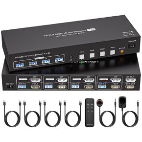 Dual Monitor HDMI+Displayport KVM Switch 4 Computers 2 Monitors 4K 60Hz 2K 120Hz 4 Port KVM Switches for Four PC Share Four USB 3.0 Devices with Remote Control, USB Cables and Power Adapter