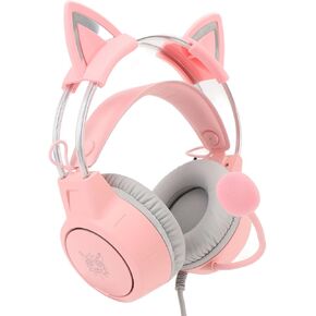Cat Ear Headphones with Mic, Rainbow RGB Light Cat Ear Gaming Headset, Detachable Cat Ears, 3.5mm Wired Over Ear Headphones for PC Laptop Game Console, Breathable Cushioned Ear Cup