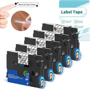 Replacement for Brother P-Touch Label Tape Clear TZe TZ-131 12mm 0.47 Laminated Black on Clear Label Maker Tape, Compatible with Brother P-Touch PT-D210 PT-D220 PT-H110 PT-H111,VolenGo 3B11Z 5-Pack